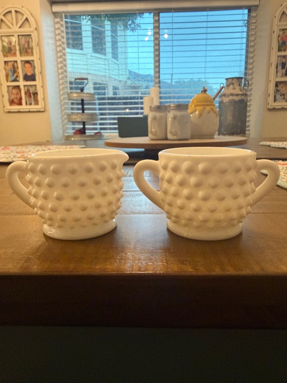 White Milk Glass Hobnail Ceramic Creamer and Sugar Set